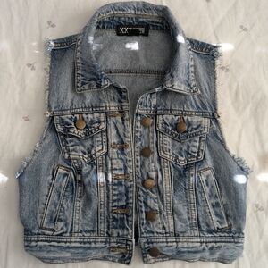 Forever 21 kids cargo jean vest button down jacket with distressed sleeves